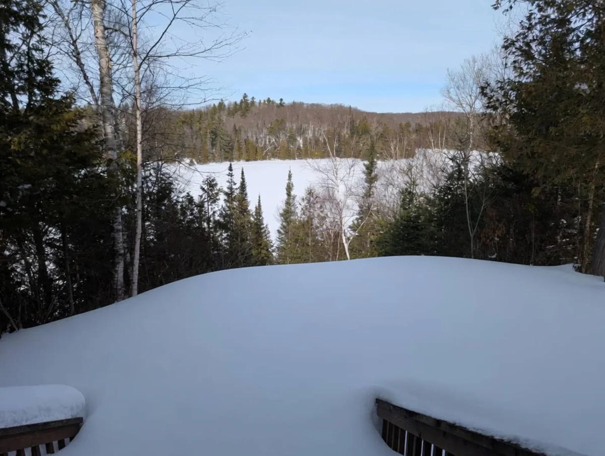 Snow-covered cottage grounds overlooking the frozen lake